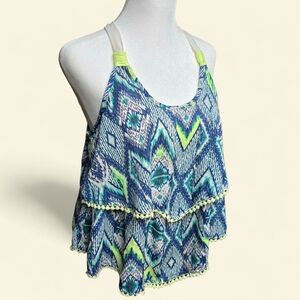 🟨Jolt Boho Geometric Aztec Scalloped Edge Lace Lined Ruffle Layered Tank Small